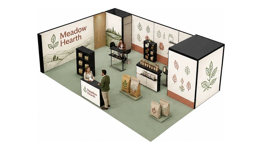 Stoisko 10 × 6 m narożne lewe dla branży żywność ekologiczna, przykładowa marka Meadow Hearth
