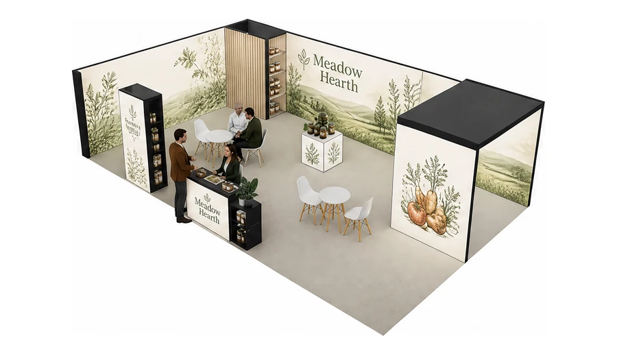 Stoisko 10 × 6 m narożne lewe dla branży żywność ekologiczna, przykładowa marka Meadow Hearth