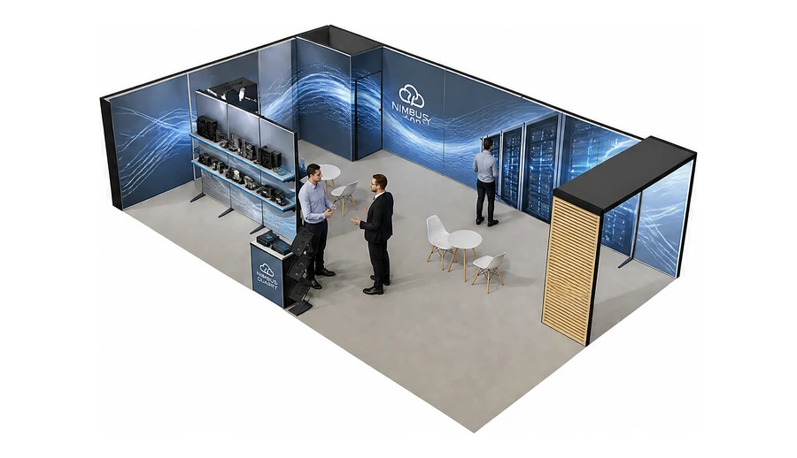 Stoisko 10 × 6 m narożne lewe dla branży infrastruktura IT i data center, przykładowa marka Nimbus Quarry