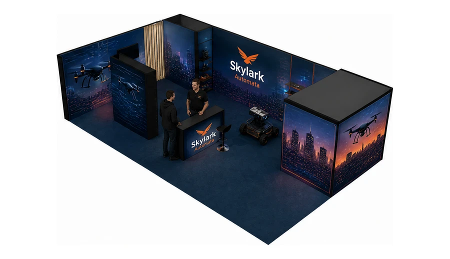 Stoisko 10 × 6 m narożne lewe dla branży drony i robotyka, przykładowa marka Skylark Automata