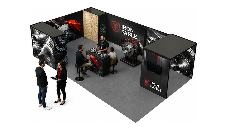 Stoisko 10 × 6 m narożne lewe dla branży części motoryzacyjne, przykładowa marka Iron Fable