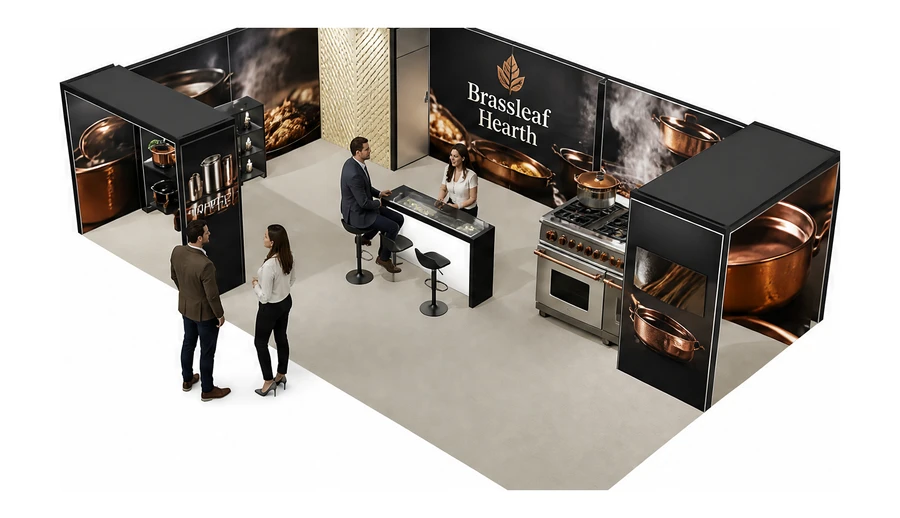 Stoisko 10 × 6 m narożne lewe dla branży sprzęt kuchenny i AGD, przykładowa marka Brassleaf Hearth