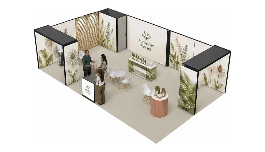 Stoisko 10 × 6 m narożne lewe dla branży kosmetyki naturalne, przykładowa marka Meadow Vessel