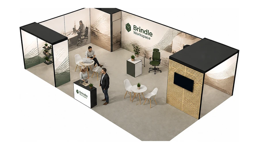 Stoisko 10 × 6 m narożne lewe dla branży meble biurowe, przykładowa marka Brindle Workspace