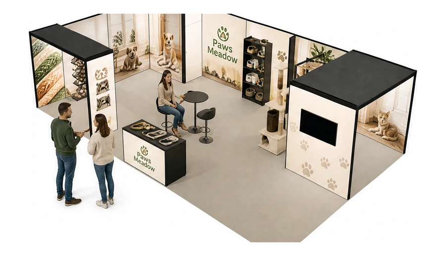 Stoisko 10 × 6 m narożne lewe dla branży akcesoria dla zwierząt, przykładowa marka Paws Meadow