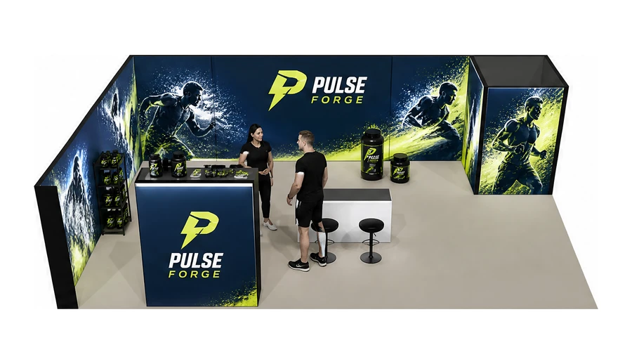 Stoisko 10 × 6 m narożne lewe dla branży suplementy diety, przykładowa marka Pulse Forge