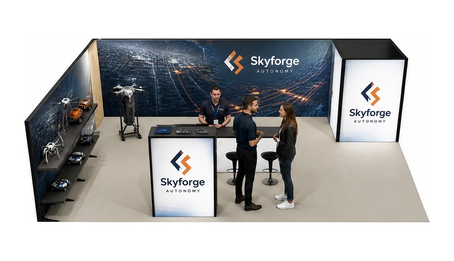 Stoisko 10 × 6 m narożne lewe dla branży drony i robotyka, przykładowa marka Skyforge Autonomy