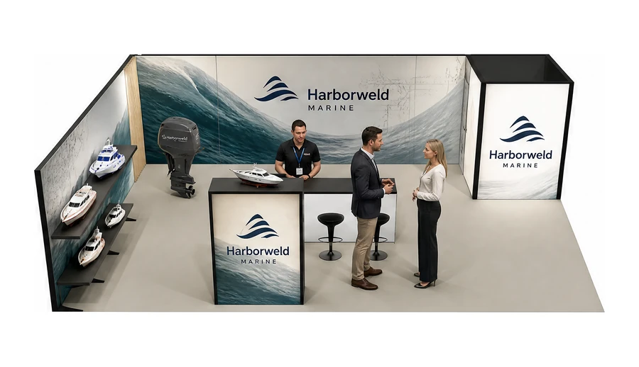 Stoisko 10 × 6 m narożne lewe dla branży jachty i łodzie, przykładowa marka Harborweld Marine