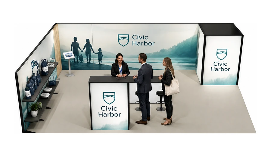 Stoisko 10 × 6 m narożne lewe dla branży ubezpieczenia, przykładowa marka Civic Harbor
