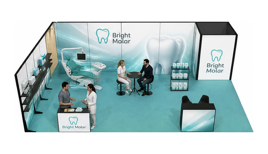 Stoisko 10 × 6 m narożne lewe dla branży stomatologia, przykładowa marka Bright Molar