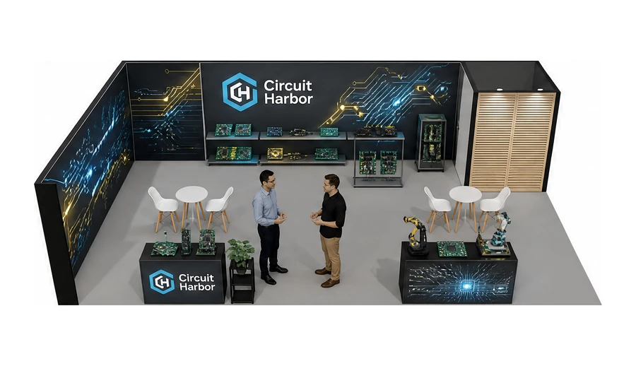 Stoisko 10 × 6 m narożne lewe dla branży komponenty elektroniczne, przykładowa marka Circuit Harbor