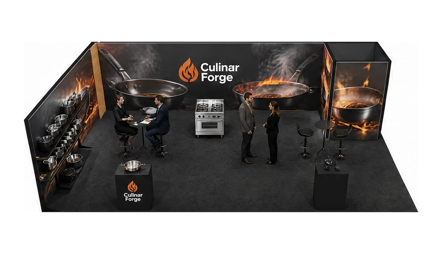 Stoisko 10 × 6 m narożne lewe dla branży wyposażenie gastronomii, przykładowa marka Culinar Forge