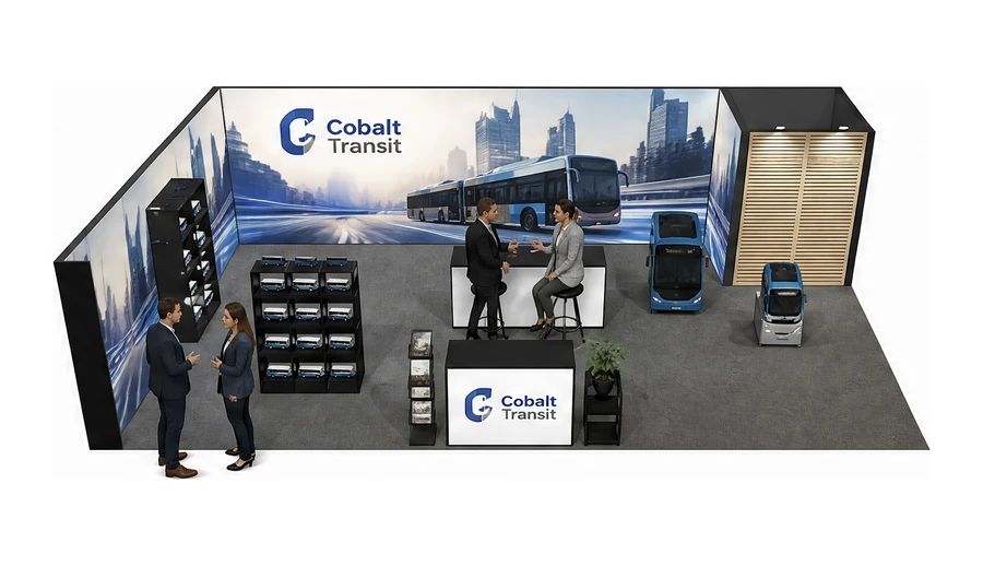 Stoisko 10 × 6 m narożne lewe dla branży autobusy i transport zbiorowy, przykładowa marka Cobalt Transit