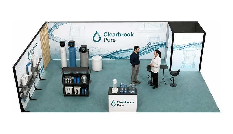 Stoisko 10 × 6 m narożne lewe dla branży technologie wodne, przykładowa marka Clearbrook Pure