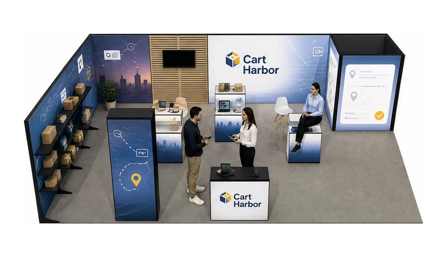 Stoisko 10 × 6 m narożne lewe dla branży e-commerce, przykładowa marka Cart Harbor