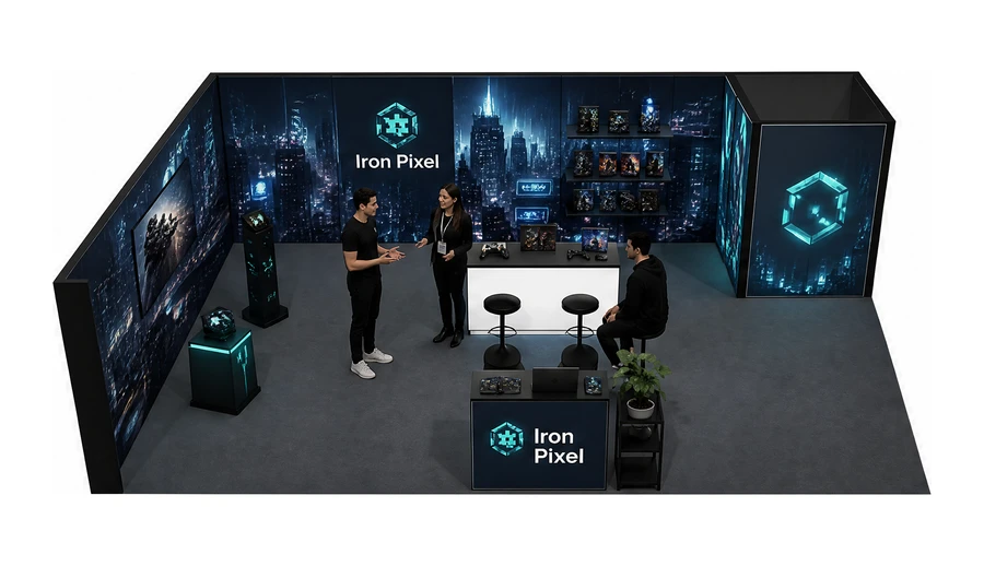 Stoisko 10 × 6 m narożne lewe dla branży gry wideo, przykładowa marka Iron Pixel