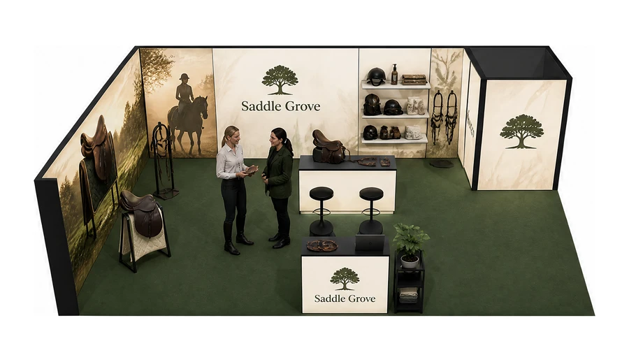 Stoisko 10 × 6 m narożne lewe dla branży jeździectwo, przykładowa marka Saddle Grove