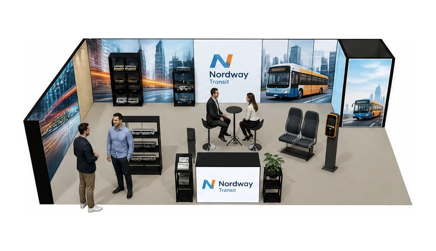 Stoisko 10 × 6 m narożne lewe dla branży autobusy i transport zbiorowy, przykładowa marka Nordway Transit