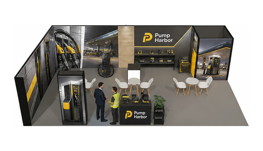 Stoisko 10 × 6 m narożne lewe dla branży stacje paliw, przykładowa marka Pump Harbor