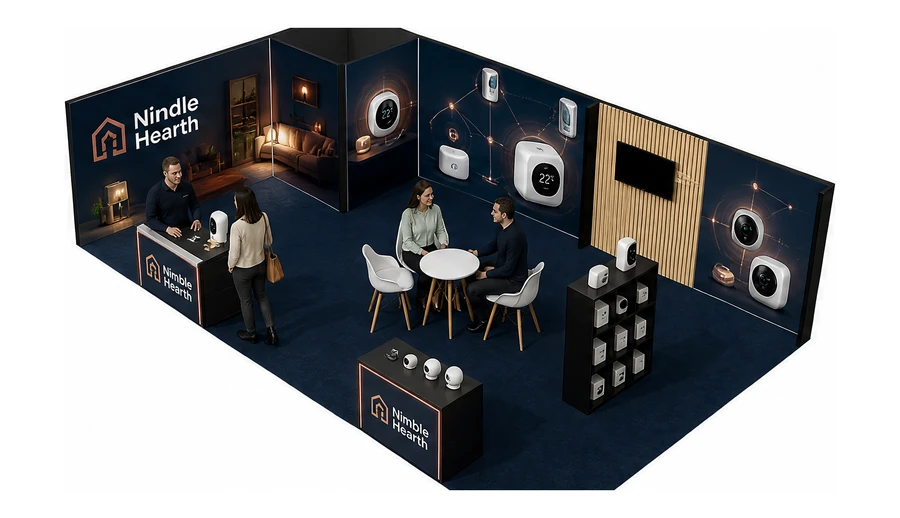 Stoisko 10 × 6 m narożne lewe dla branży smart home i IoT, przykładowa marka Nimble Hearth