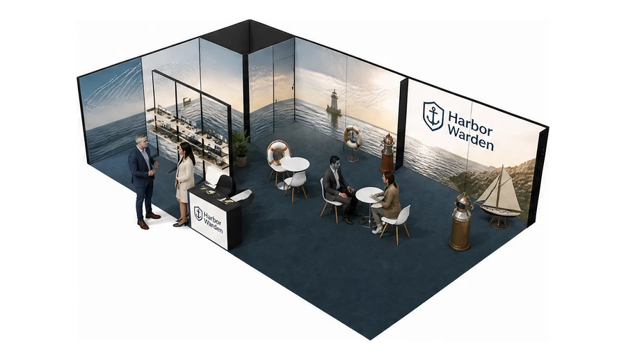 Stoisko 10 × 6 m narożne lewe dla branży ubezpieczenia, przykładowa marka Harbor Warden
