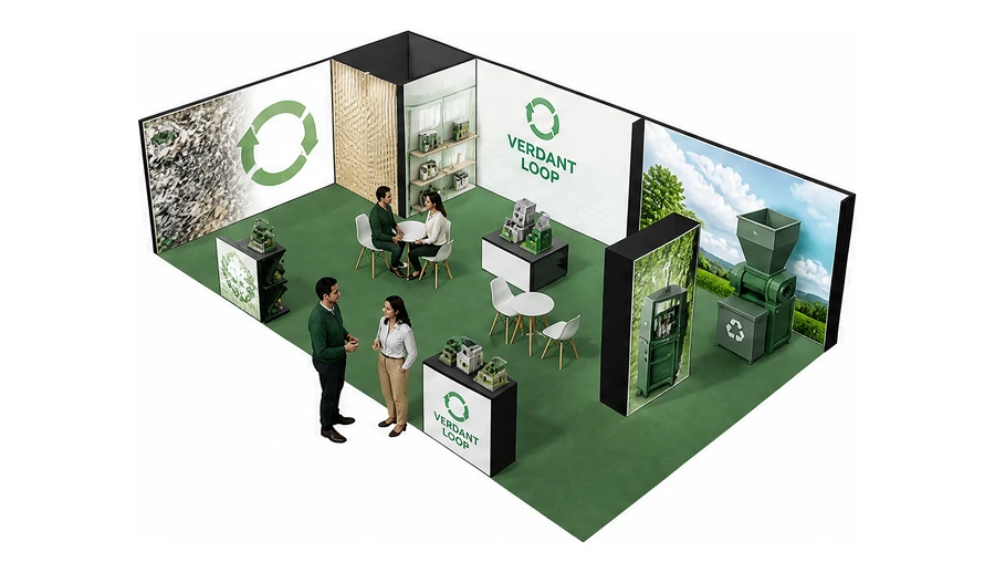 Stoisko 10 × 6 m narożne lewe dla branży recykling i ochrona środowiska, przykładowa marka Verdant Loop