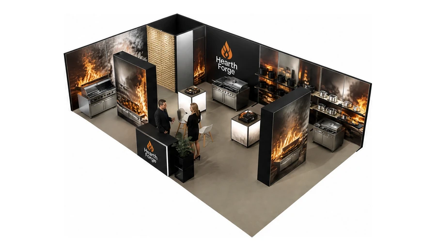 Stoisko 10 × 6 m narożne lewe dla branży wyposażenie gastronomii, przykładowa marka Hearth Forge