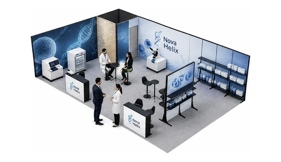 Stoisko 10 × 6 m narożne lewe dla branży farmacja i biotechnologia, przykładowa marka Nova Helix