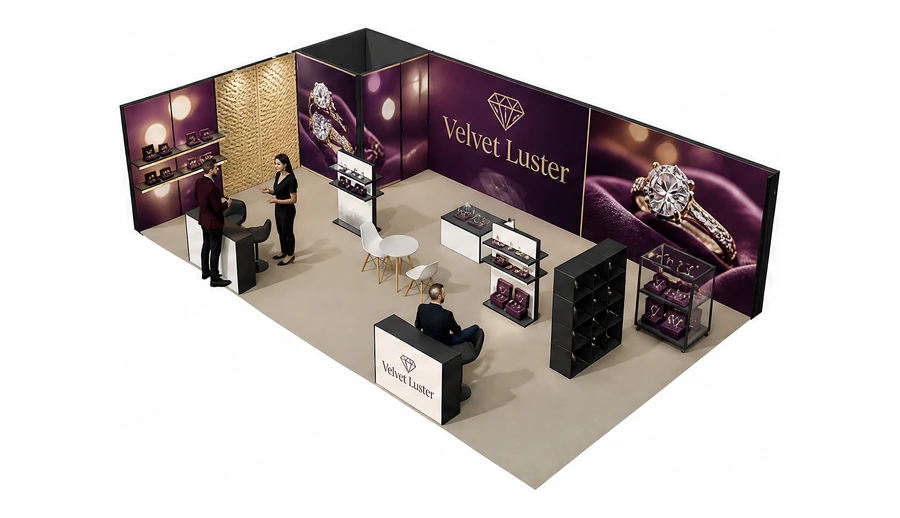 Stoisko 10 × 6 m narożne lewe dla branży biżuteria, przykładowa marka Velvet Luster