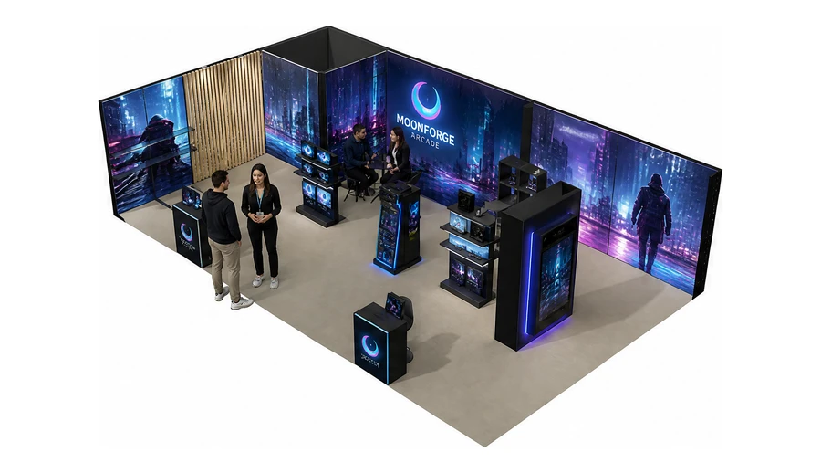 Stoisko 10 × 6 m narożne lewe dla branży gry wideo, przykładowa marka Moonforge Arcade