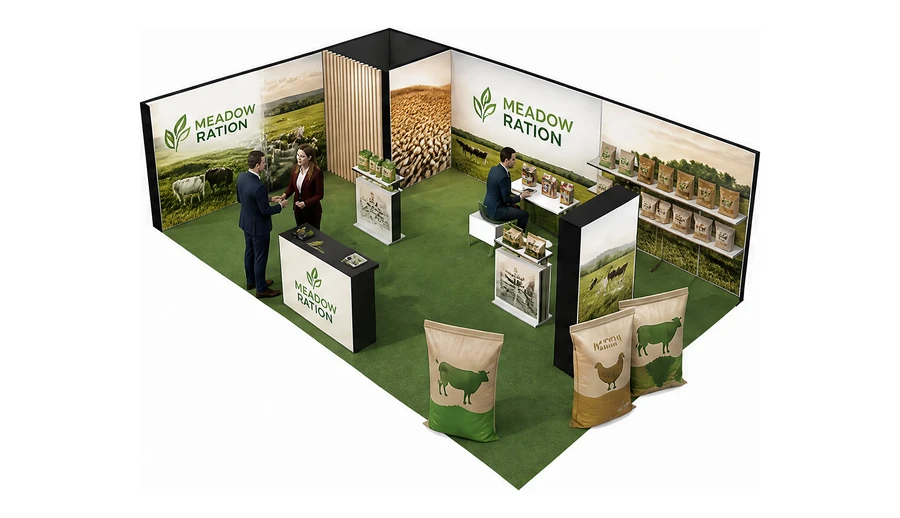 Stoisko 10 × 6 m narożne lewe dla branży hodowla i pasze, przykładowa marka Meadow Ration