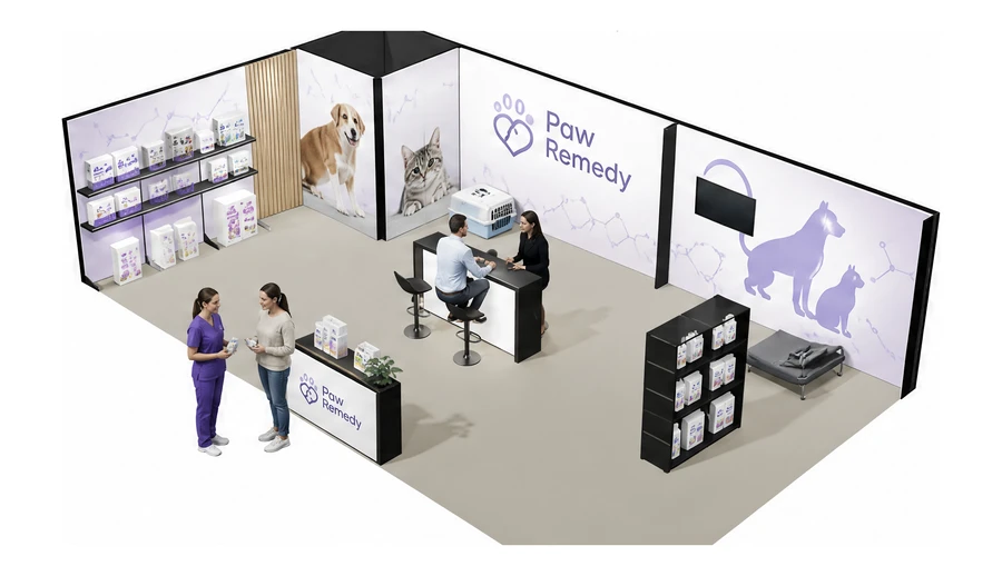 Stoisko 10 × 6 m narożne lewe dla branży weterynaria, przykładowa marka Paw Remedy