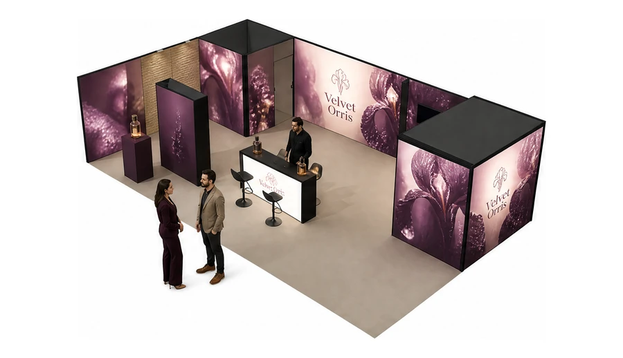 Stoisko 10 × 6 m narożne lewe dla branży perfumy, przykładowa marka Velvet Orris