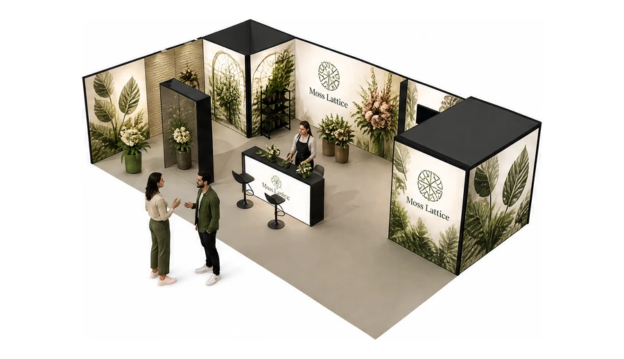 Stoisko 10 × 6 m narożne lewe dla branży rośliny i kwiaciarstwo, przykładowa marka Moss Lattice