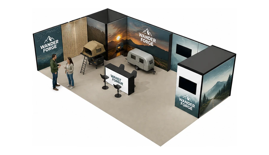 Stoisko 10 × 6 m narożne lewe dla branży caravaning i kampery, przykładowa marka Wander Forge