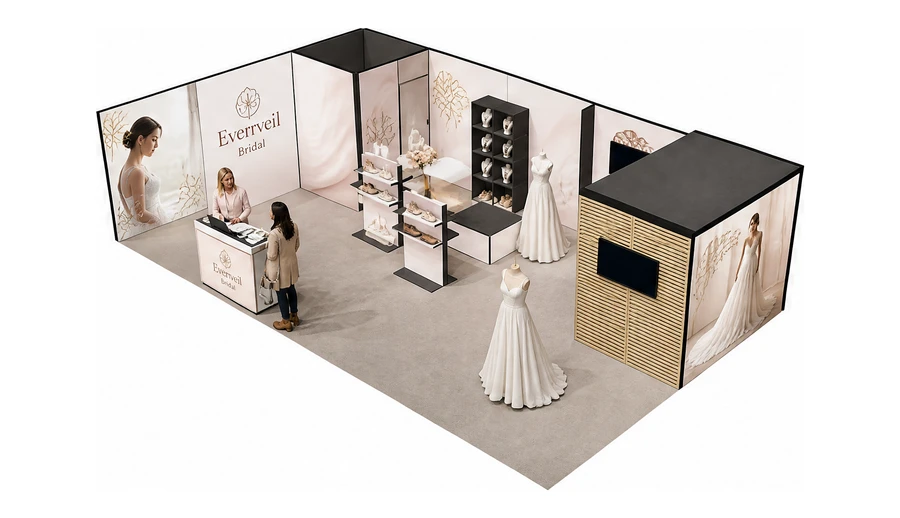 Stoisko 10 × 6 m narożne lewe dla branży branża ślubna, przykładowa marka Everveil Bridal