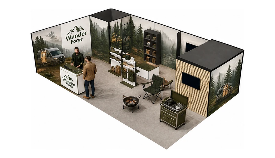 Stoisko 10 × 6 m narożne lewe dla branży caravaning i kampery, przykładowa marka Wander Forge