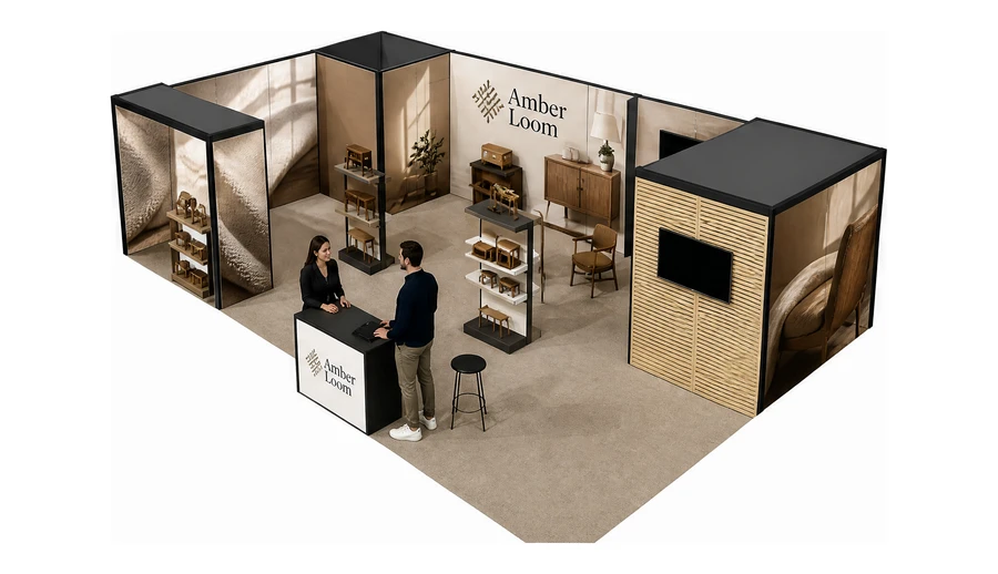 Stoisko 10 × 6 m narożne lewe dla branży meble designerskie, przykładowa marka Amber Loom