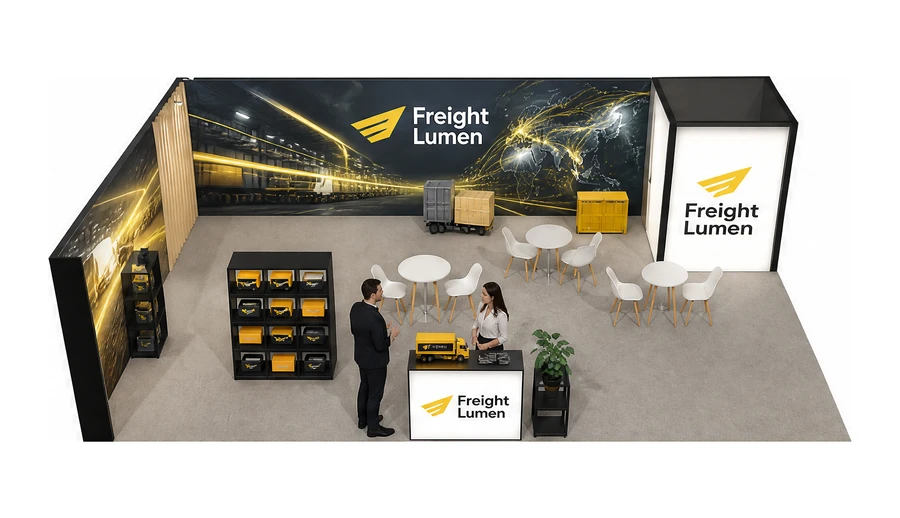 Stoisko 10 × 6 m narożne lewe dla branży logistyka i spedycja, przykładowa marka Freight Lumen