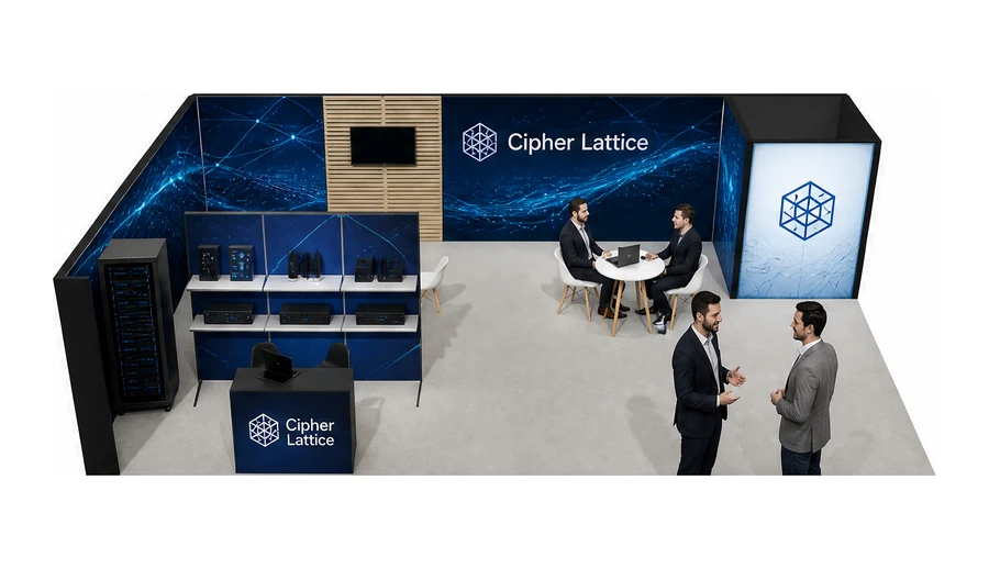 Stoisko 10 × 6 m narożne lewe dla branży cyberbezpieczeństwo, przykładowa marka Cipher Lattice