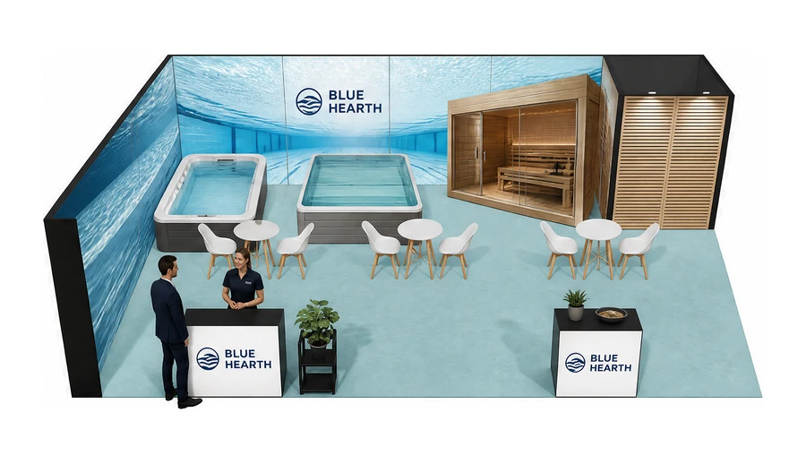 Stoisko 10 × 6 m narożne lewe dla branży baseny i sauny, przykładowa marka Blue Hearth