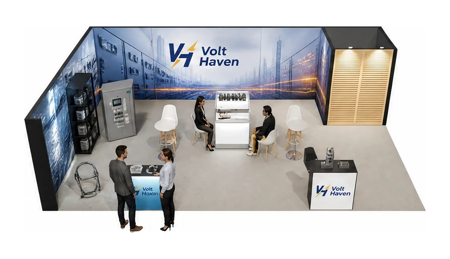 Stoisko 10 × 6 m narożne lewe dla branży energetyka i sieci, przykładowa marka Volt Haven