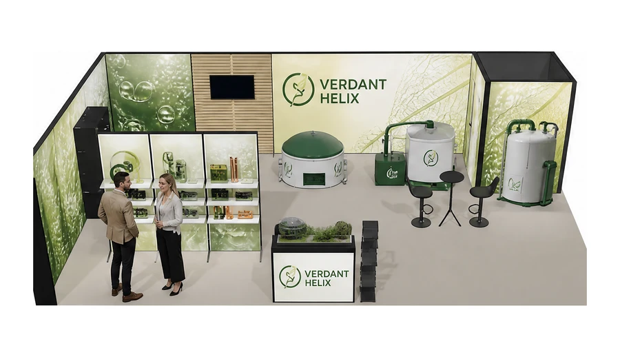 Stoisko 10 × 6 m narożne lewe dla branży biogaz i OZE, przykładowa marka Verdant Helix