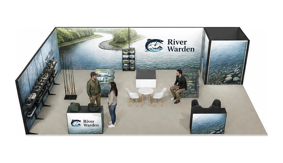 Stoisko 10 × 6 m narożne lewe dla branży wędkarstwo, przykładowa marka River Warden