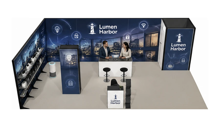 Stoisko 10 × 6 m narożne lewe dla branży smart home i IoT, przykładowa marka Lumen Harbor