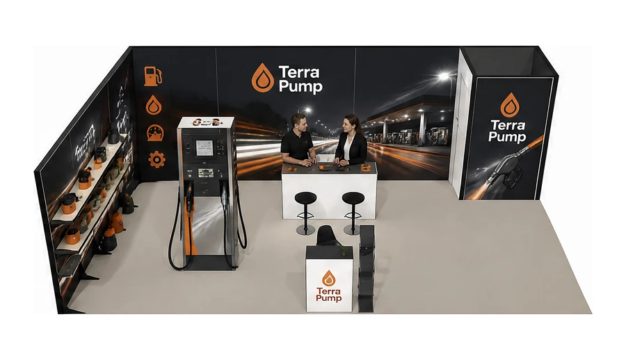 Stoisko 10 × 6 m narożne lewe dla branży stacje paliw, przykładowa marka Terra Pump