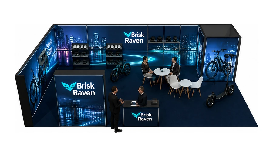 Stoisko 10 × 6 m narożne lewe dla branży rowery elektryczne, przykładowa marka Brisk Raven