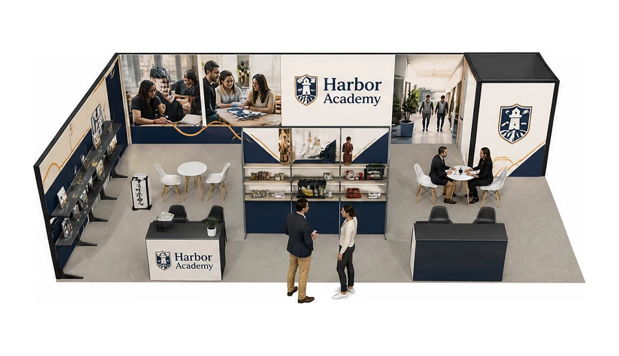 Stoisko 10 × 6 m narożne lewe dla branży edukacja i szkolenia, przykładowa marka Harbor Academy