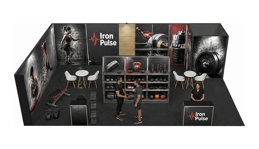 Stoisko 10 × 6 m narożne lewe dla branży fitness i siłownie, przykładowa marka Iron Pulse