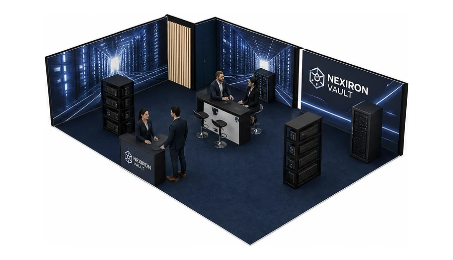 Stoisko 10 × 6 m narożne lewe dla branży infrastruktura IT i data center, przykładowa marka Nexiron Vault